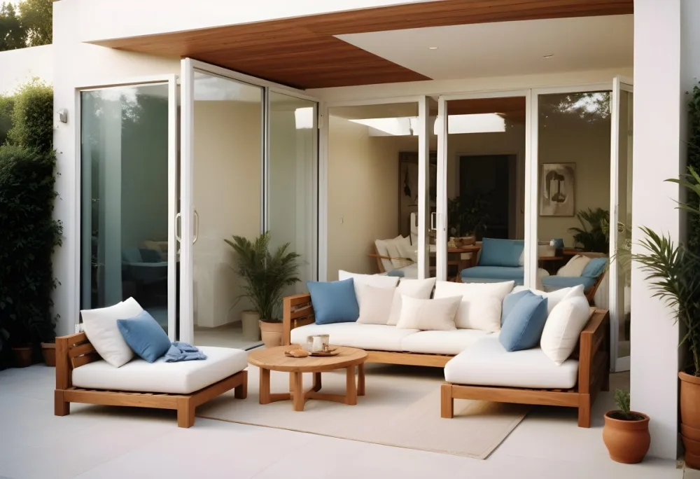 A Modern Minimalist Outdoor Living Space With White Sofas And Wooden Furniture The Space Features Large Glass Sliding Doors That Open Up To A Patio Or Backyard Area Allowing For An Indoor Outdoor F 6 5126