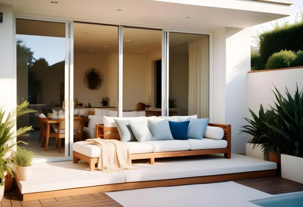 A Modern Minimalist Outdoor Living Space With White Sofas And Wooden Furniture The Space Features Large Glass Sliding Doors That Open Up To A Patio Or Backyard Area Allowing For An Indoor Outdoor F 7 09b0