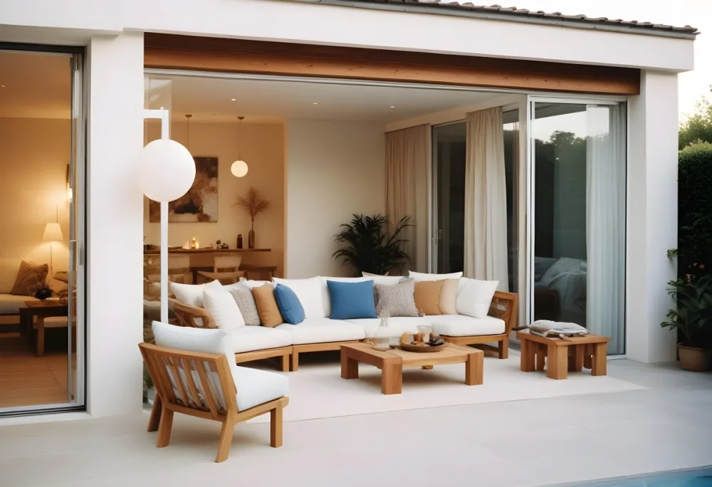 A Modern Minimalist Outdoor Living Space With White Sofas And Wooden Furniture The Space Features Large Glass Sliding Doors That Open Up To A Patio Or Backyard Area Allowing For An Indoor Outdoor F 8 E880