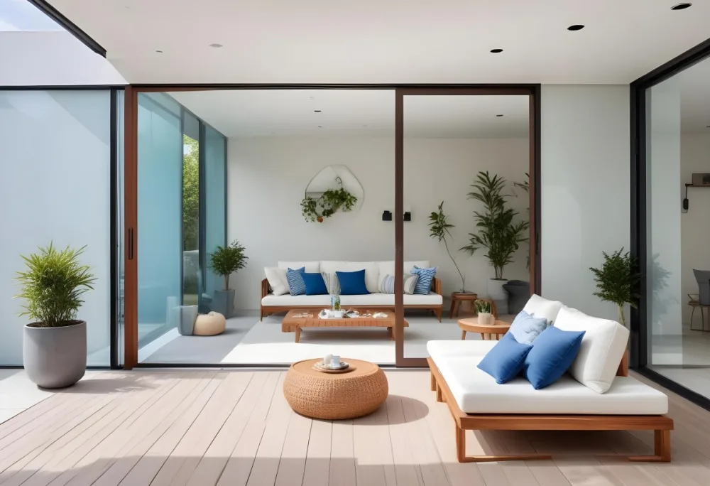 A Modern Minimalist Outdoor Living Space With White Sofas And Wooden Furniture The Space Features Large Glass Sliding Doors That Open Up To A Patio Or Backyard Area Allowing For An Indoor Outdoor F 9 7ae4