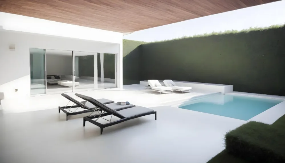 A Modern Outdoor Pool Area With A Rectangular Pool Surrounded By Lounge Chairs And Cabanas The Pool Has A Tiled Blue Bottom And The Surrounding Area Features Lush Greenery And A White Building With Bl 5 F131