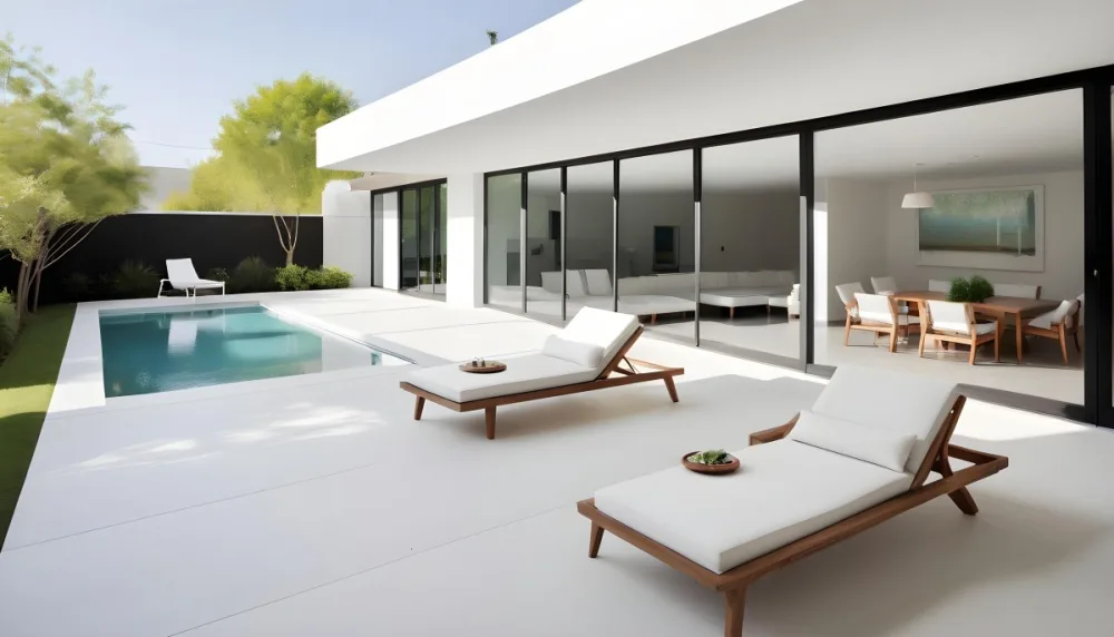 A Modern Outdoor Pool Area With A Rectangular Pool Surrounded By Lounge Chairs And Cabanas The Pool Has A Tiled Blue Bottom And The Surrounding Area Features Lush Greenery And A White Building With Bl 6 89f6