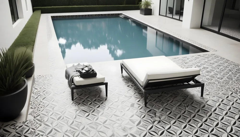 A Modern Outdoor Pool Area With A Rectangular Pool Surrounded By Lounge Chairs And Cabanas The Pool Has A Tiled Blue Bottom And The Surrounding Area Features Lush Greenery And A White Building With Bl 8 C81d
