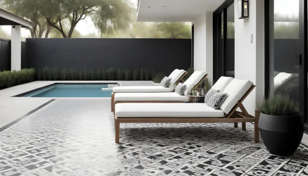A Modern Outdoor Pool Area With A Rectangular Pool Surrounded By Lounge Chairs And Cabanas The Pool Has A Tiled Blue Bottom And The Surrounding Area Features Lush Greenery And A White Building With Bl 9 A47c