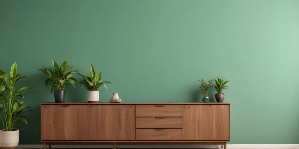 A Modern Wooden Sideboard With Drawers And Cabinets Against A Green Wall Decorated With Potted Plants And Vases 1 5863