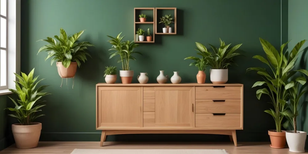 A Modern Wooden Sideboard With Drawers And Cabinets Against A Green Wall Decorated With Potted Plants And Vases 2 4f6d