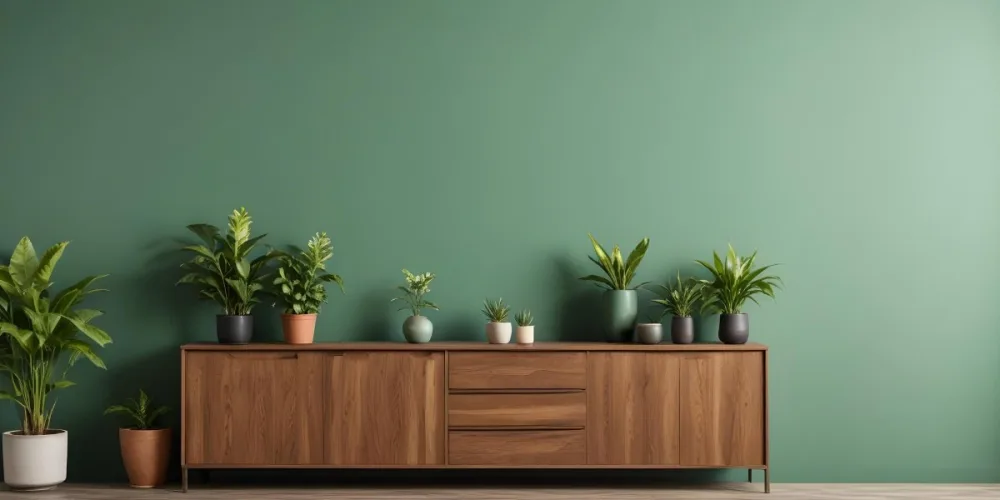 A Modern Wooden Sideboard With Drawers And Cabinets Against A Green Wall Decorated With Potted Plants And Vases 3 0cf7