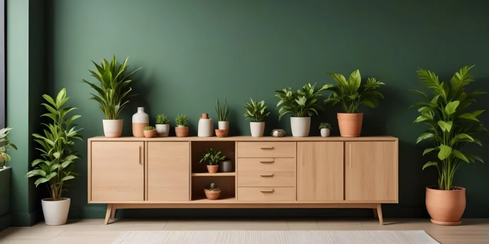 A Modern Wooden Sideboard With Drawers And Cabinets Against A Green Wall Decorated With Potted Plants And Vases 4 D770