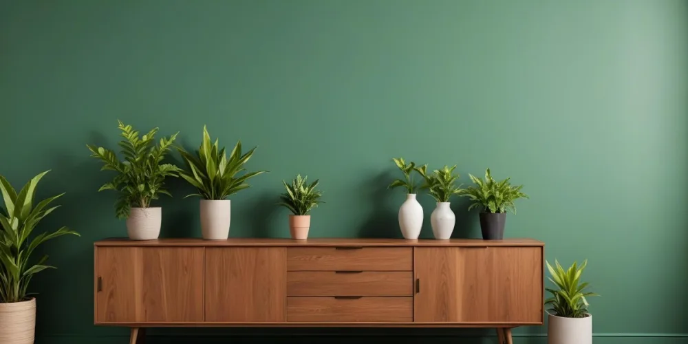 A Modern Wooden Sideboard With Drawers And Cabinets Against A Green Wall Decorated With Potted Plants And Vases 5 57d9