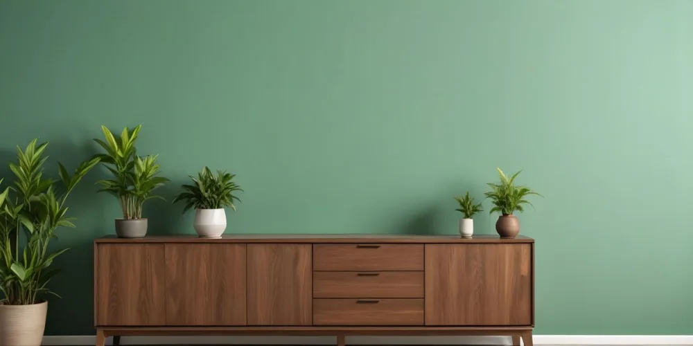 A Modern Wooden Sideboard With Drawers And Cabinets Against A Green Wall Decorated With Potted Plants And Vases 6 2cdc