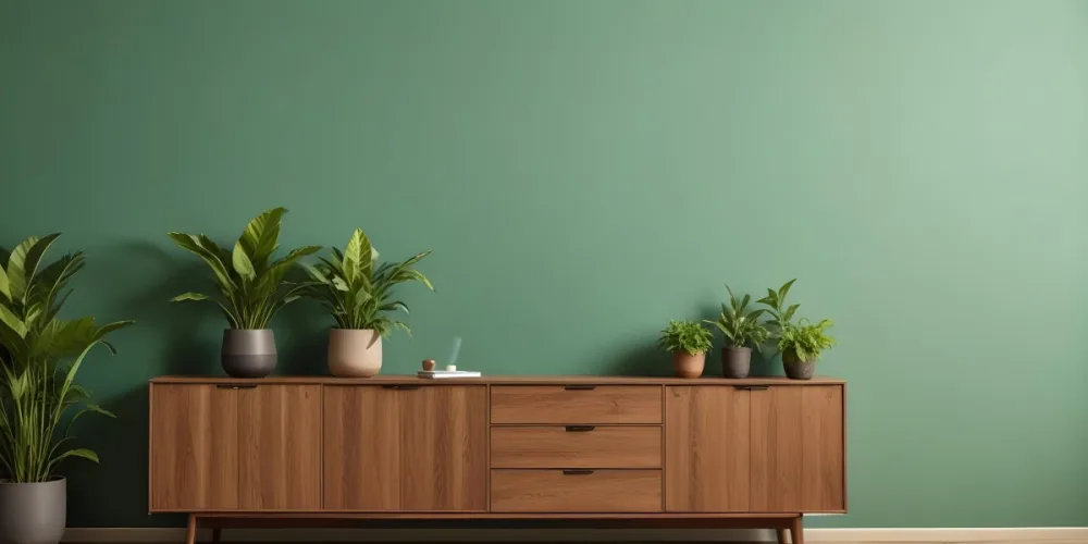 A Modern Wooden Sideboard With Drawers And Cabinets Against A Green Wall Decorated With Potted Plants And Vases 7 3e9e