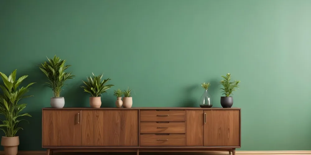 A Modern Wooden Sideboard With Drawers And Cabinets Against A Green Wall Decorated With Potted Plants And Vases 8 8ace