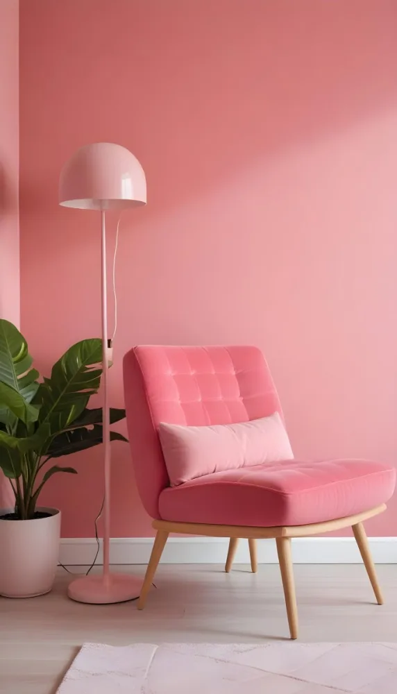 A Pink Armchair With A Potted Plant And A Pink Lamp In A Pink Room 1 66b8