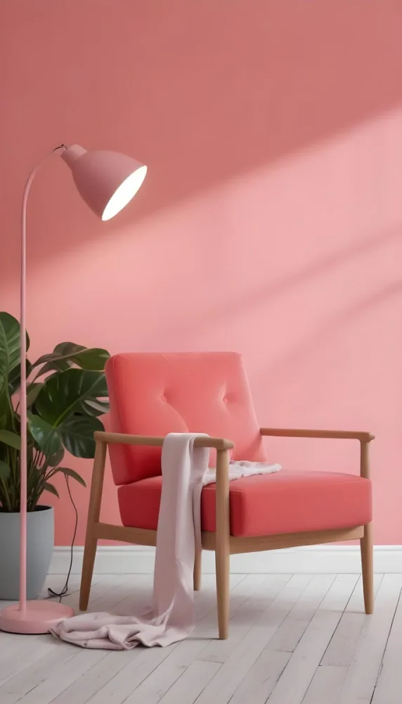 A Pink Armchair With A Potted Plant And A Pink Lamp In A Pink Room 10 F98d