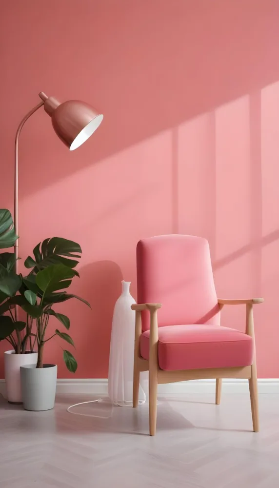 A Pink Armchair With A Potted Plant And A Pink Lamp In A Pink Room 11 70bc