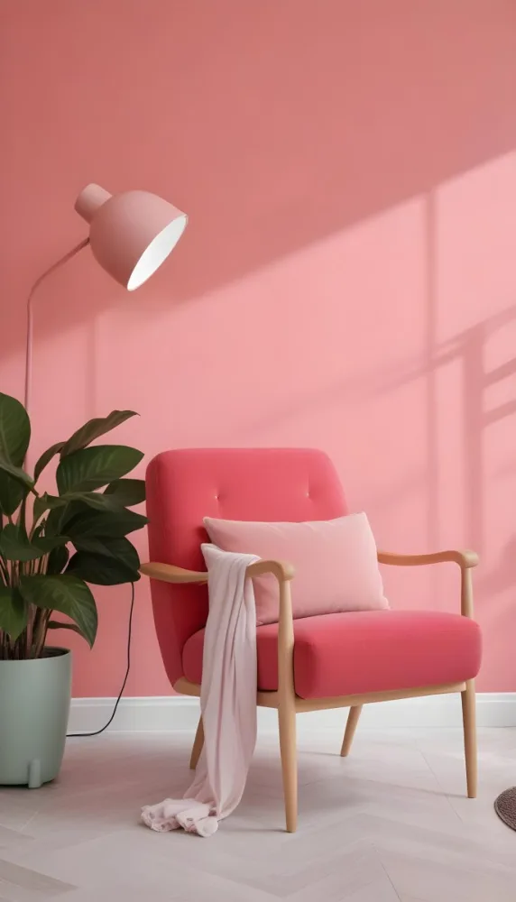 A Pink Armchair With A Potted Plant And A Pink Lamp In A Pink Room 13 E395