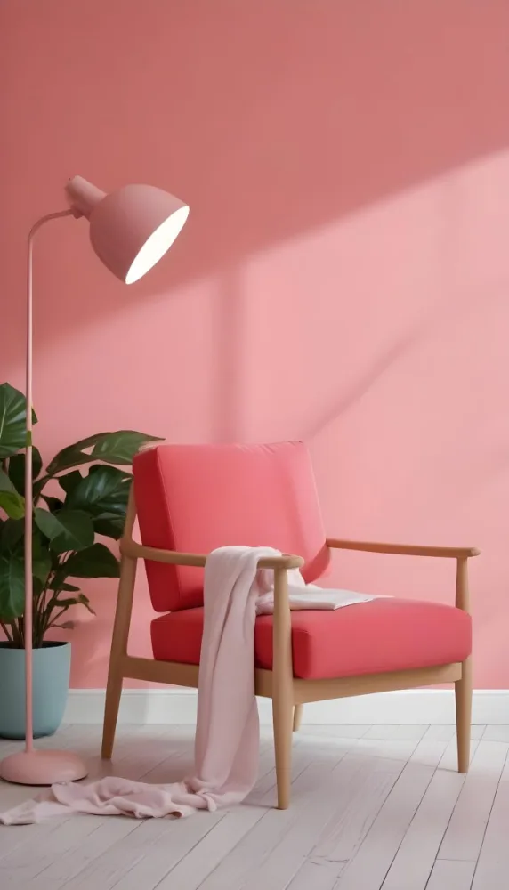 A Pink Armchair With A Potted Plant And A Pink Lamp In A Pink Room 15 08c1