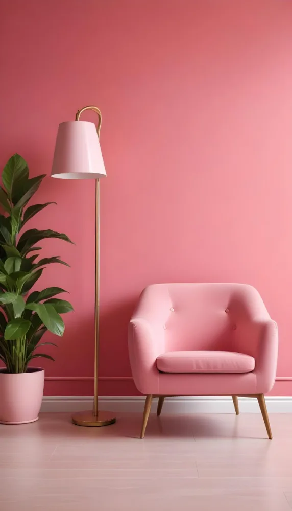 A Pink Armchair With A Potted Plant And A Pink Lamp In A Pink Room 2 52ca