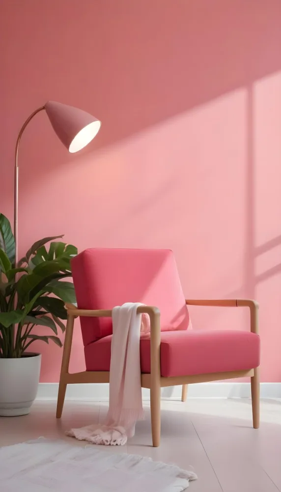 A Pink Armchair With A Potted Plant And A Pink Lamp In A Pink Room 5 B780