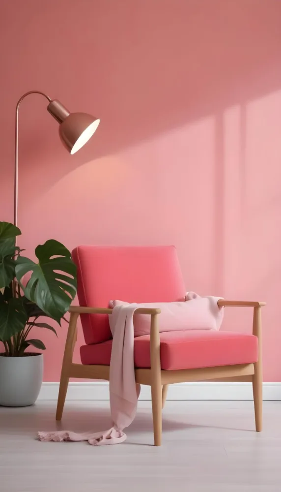 A Pink Armchair With A Potted Plant And A Pink Lamp In A Pink Room 6 3d38
