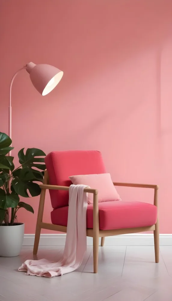 A Pink Armchair With A Potted Plant And A Pink Lamp In A Pink Room 7 A39e