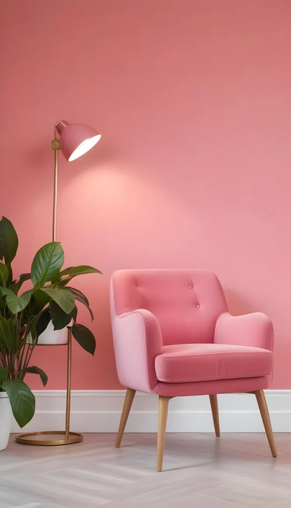 A Pink Armchair With A Potted Plant And A Pink Lamp In A Pink Room 8 2a1e