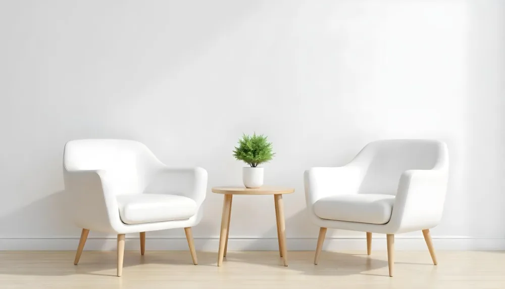 A Potted Green Plant On A Wooden Side Table Between Two White Chairs In A Minimalist Interior Setting 2 Fcdc