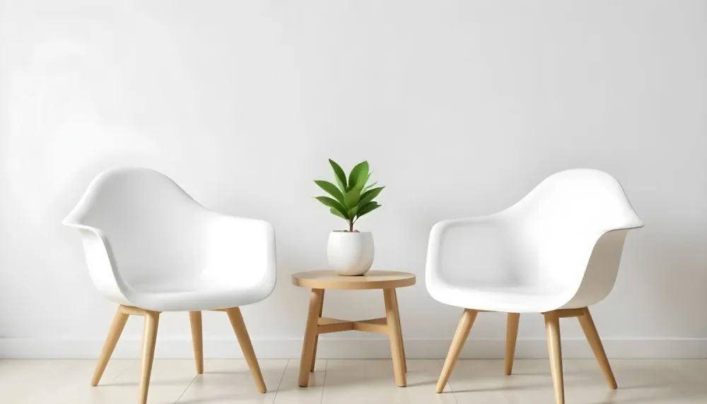 A Potted Green Plant On A Wooden Side Table Between Two White Chairs In A Minimalist Interior Setting 3 C2c5