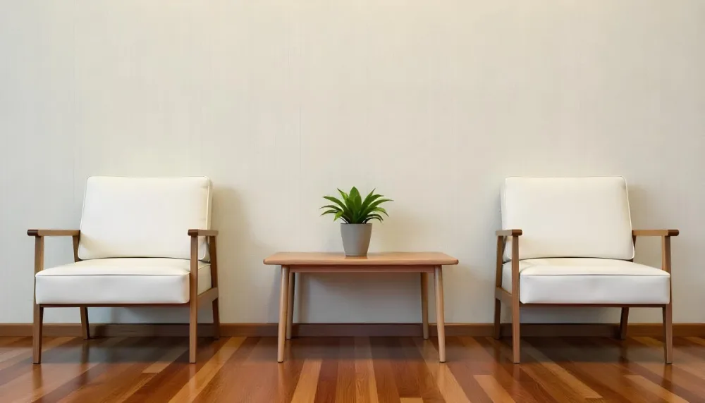A Potted Green Plant On A Wooden Side Table Between Two White Chairs In A Minimalist Interior Setting 4 F089
