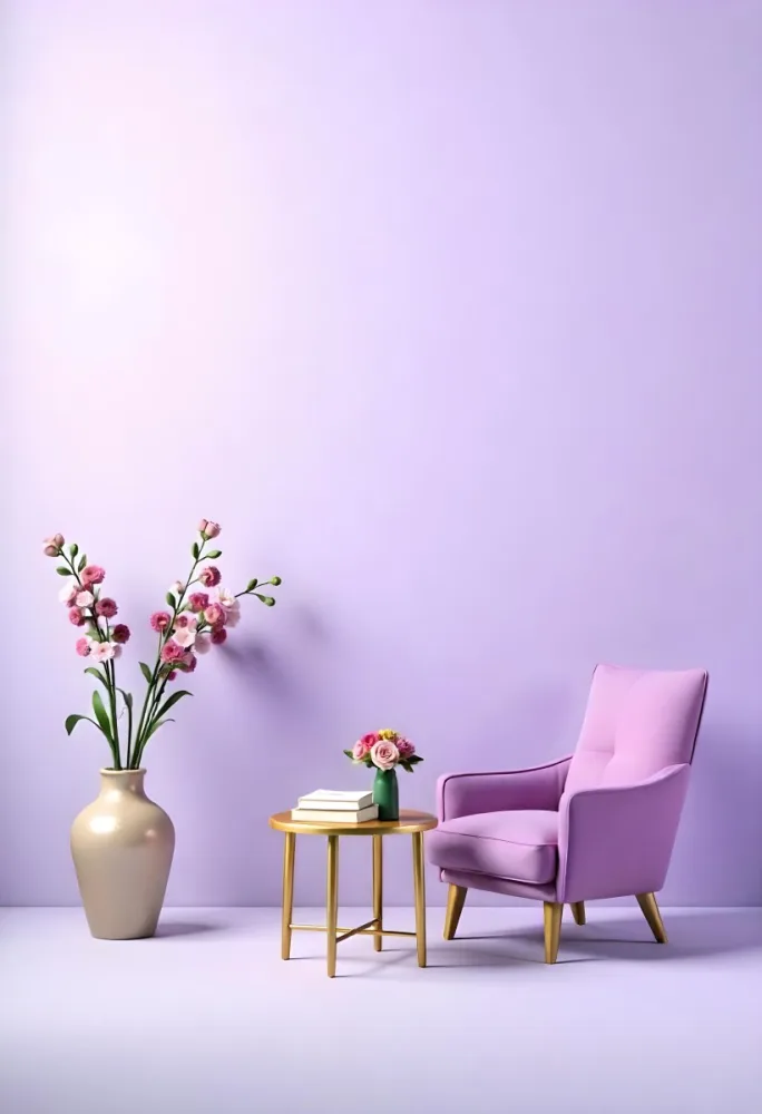 A Purple Armchair Next To A Golden Table With Flowers And Books A Vase With Flowers On The Floor Purple Background 1 Df07