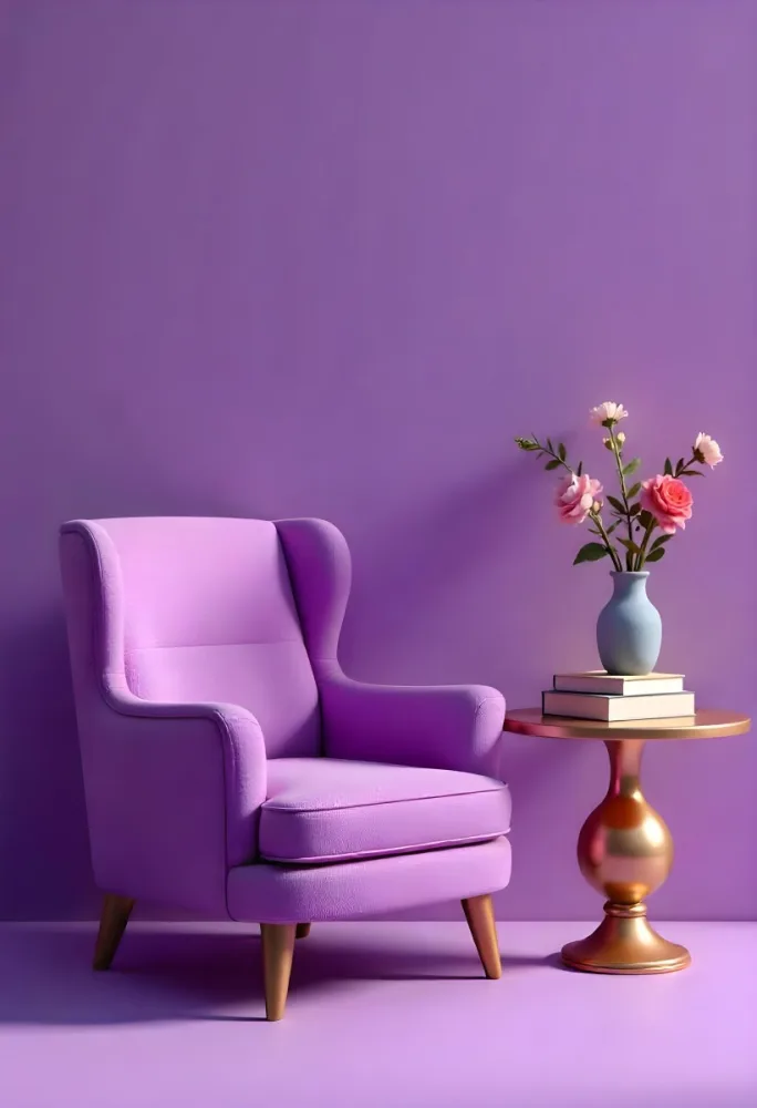 A Purple Armchair Next To A Golden Table With Flowers And Books A Vase With Flowers On The Floor Purple Background 2 E0ad