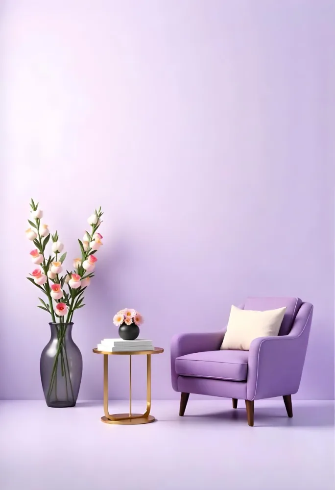 A Purple Armchair Next To A Golden Table With Flowers And Books A Vase With Flowers On The Floor Purple Background 25 4fbd