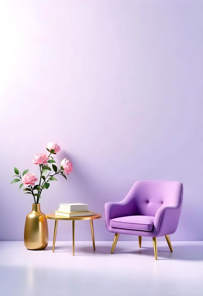 A Purple Armchair Next To A Golden Table With Flowers And Books A Vase With Flowers On The Floor Purple Background 33 D40f