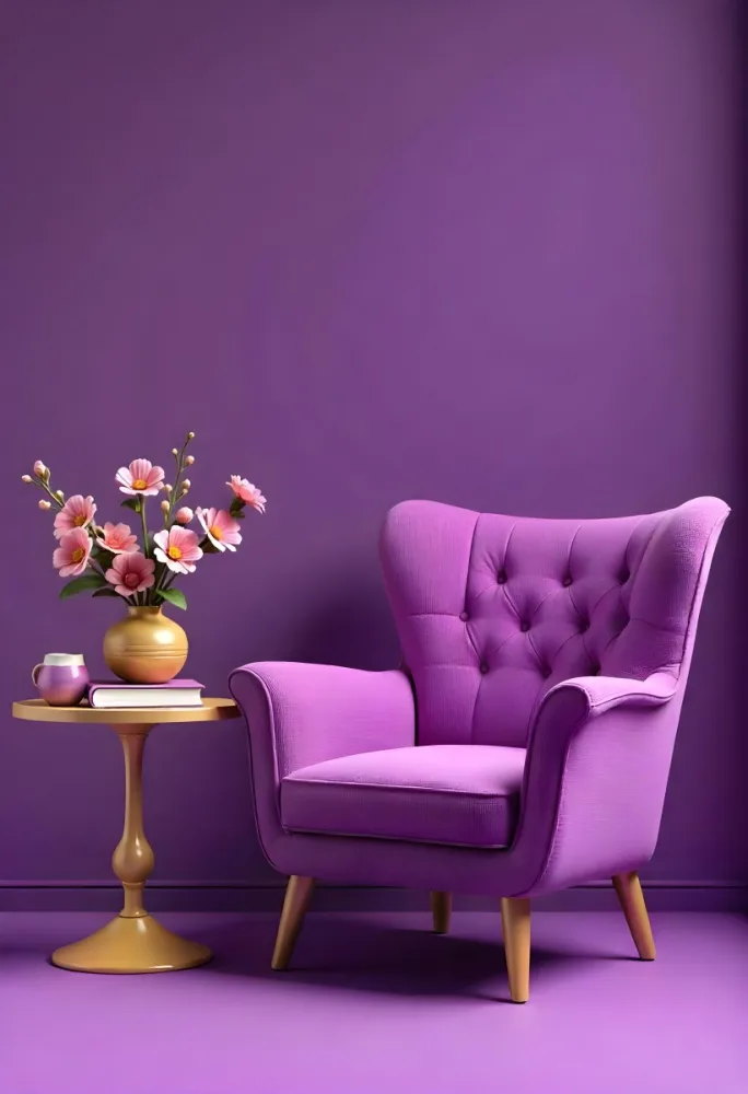 A Purple Armchair Next To A Golden Table With Flowers And Books A Vase With Flowers On The Floor Purple Background 36 3b98