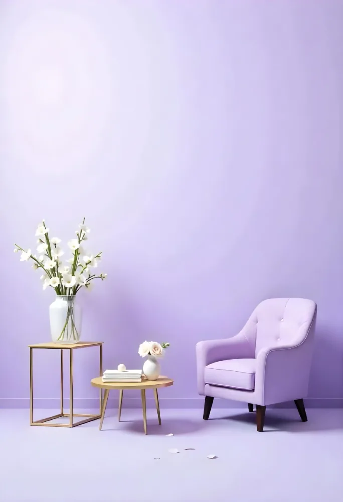 A Purple Armchair Next To A Golden Table With Flowers And Books A Vase With Flowers On The Floor Purple Background 37 3b6d