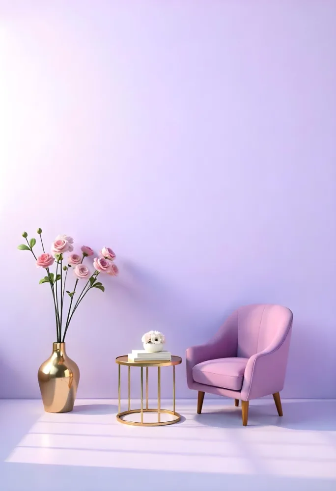A Purple Armchair Next To A Golden Table With Flowers And Books A Vase With Flowers On The Floor Purple Background 38 2daa