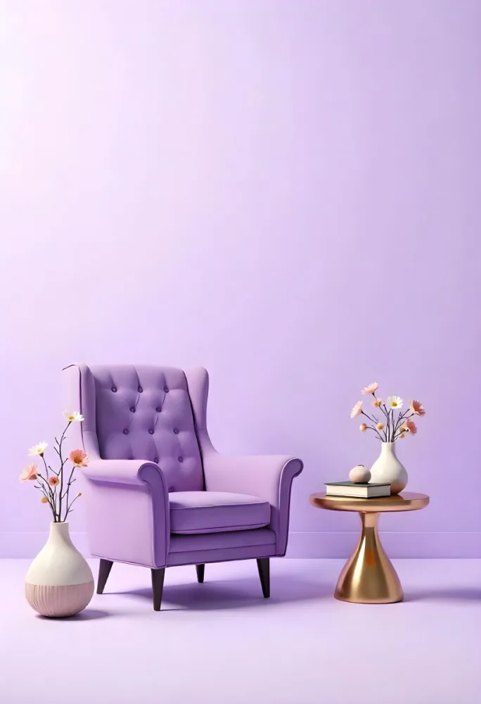 A Purple Armchair Next To A Golden Table With Flowers And Books A Vase With Flowers On The Floor Purple Background 4 261a