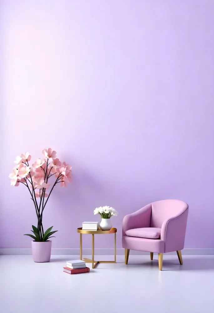 A Purple Armchair Next To A Golden Table With Flowers And Books A Vase With Flowers On The Floor Purple Background 5 2344