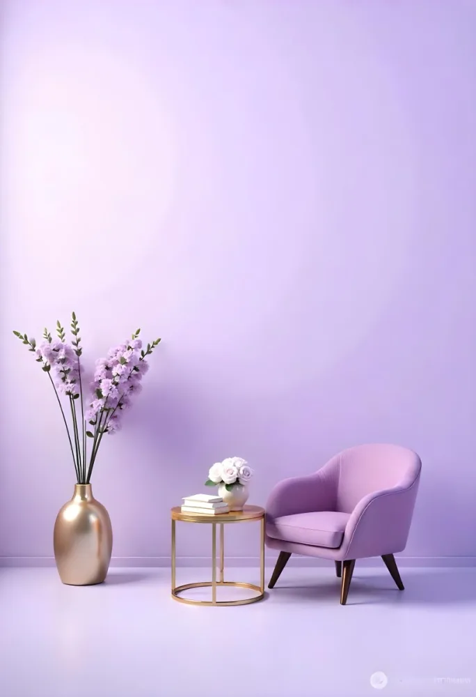 A Purple Armchair Next To A Golden Table With Flowers And Books A Vase With Flowers On The Floor Purple Background 7 89db