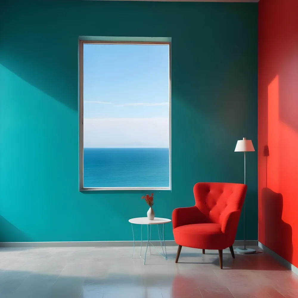 A Red Armchair Near A Window With Sea View The Wall Is Turquoise And Red The Floor Is Gray Minimalist Style Bright Colors High Contrast Clean Lines 11 Ac2f