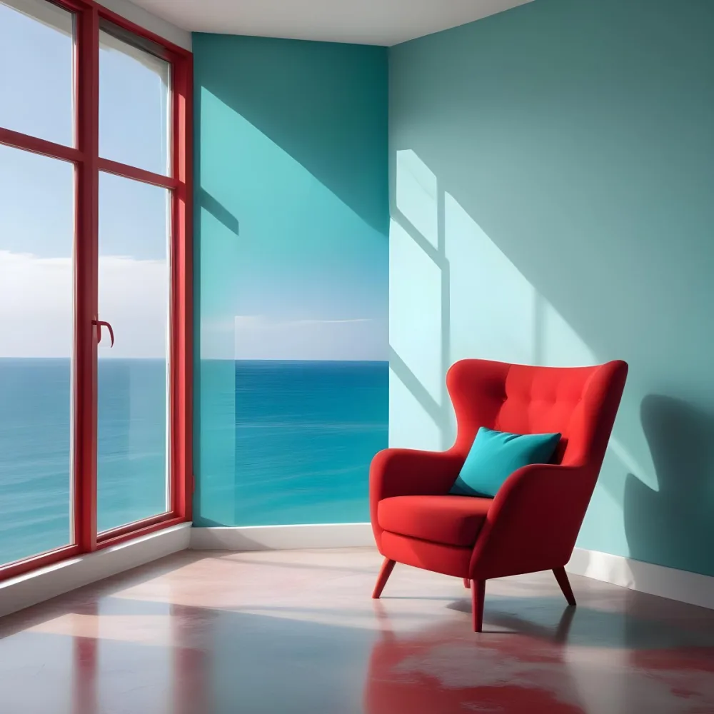 A Red Armchair Near A Window With Sea View The Wall Is Turquoise And Red The Floor Is Gray Minimalist Style Bright Colors High Contrast Clean Lines 13 633c