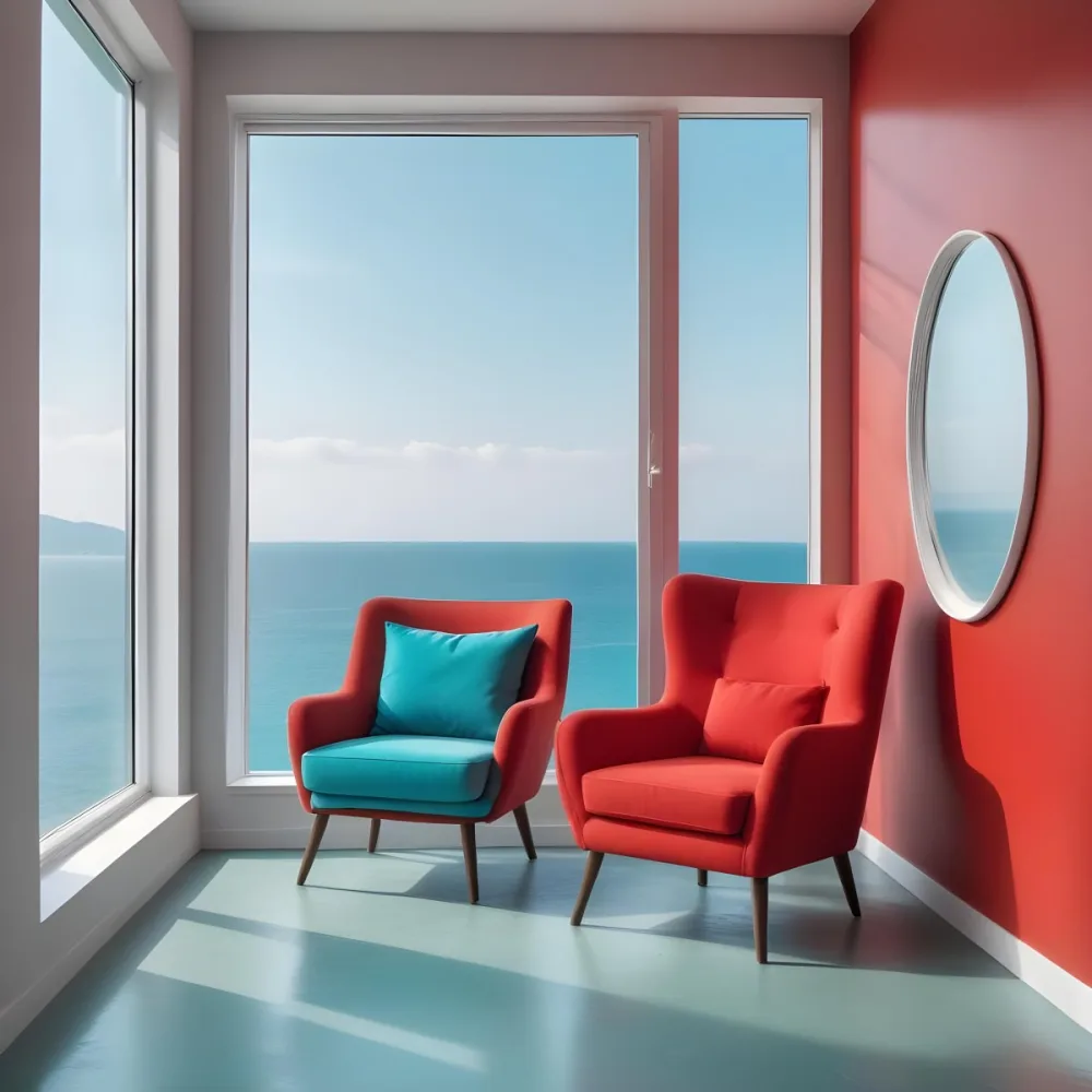 A Red Armchair Near A Window With Sea View The Wall Is Turquoise And Red The Floor Is Gray Minimalist Style Bright Colors High Contrast Clean Lines 15 B641