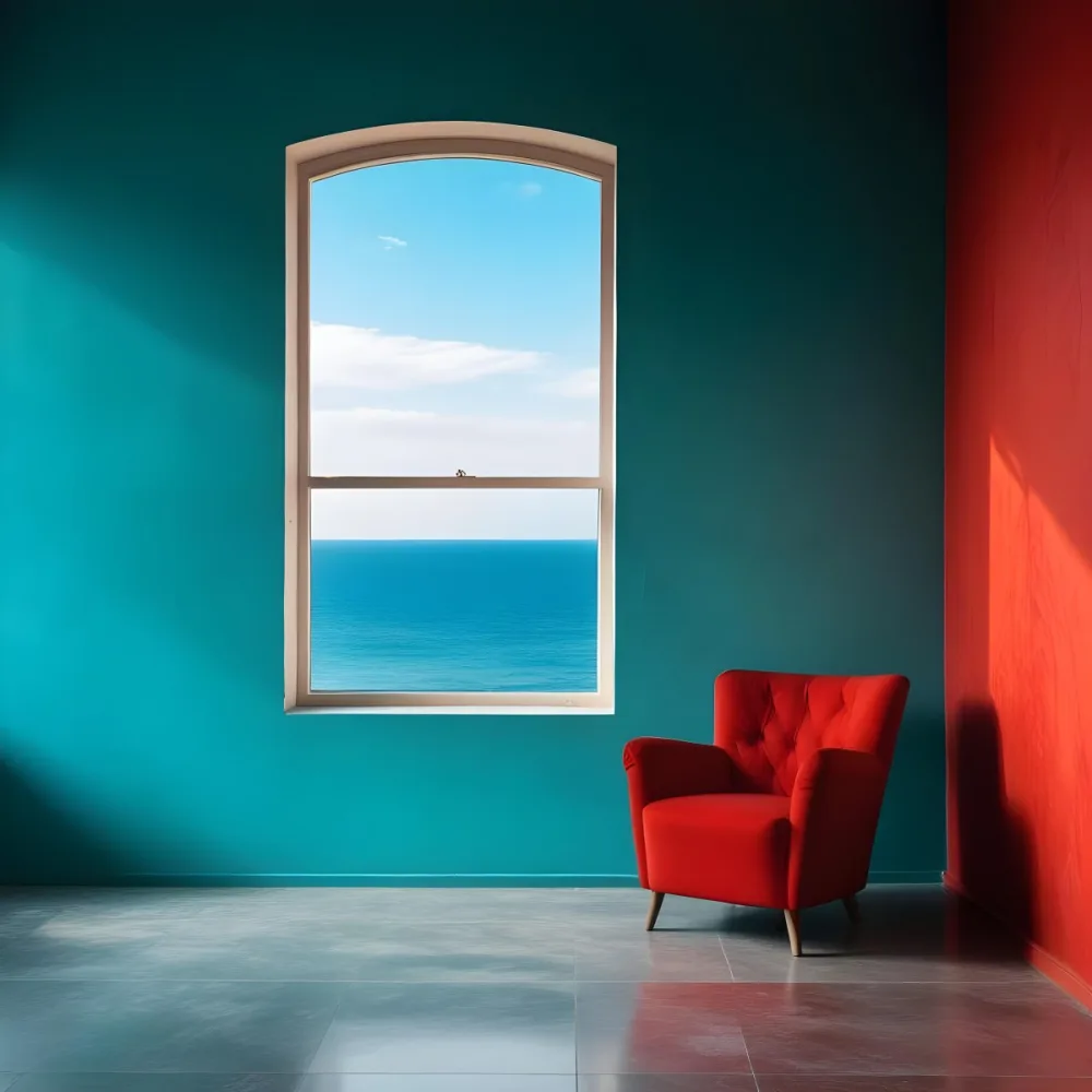 A Red Armchair Near A Window With Sea View The Wall Is Turquoise And Red The Floor Is Gray Minimalist Style Bright Colors High Contrast Clean Lines 18 8dfb