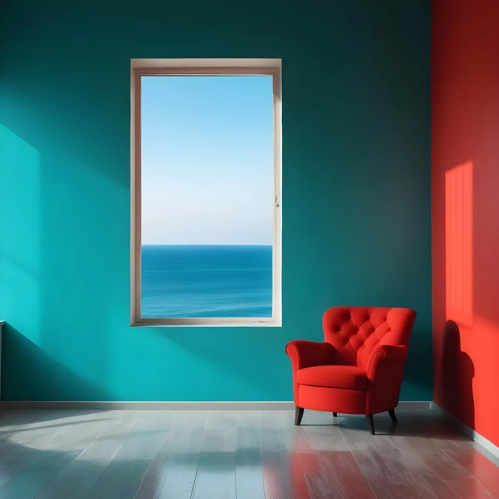 A Red Armchair Near A Window With Sea View The Wall Is Turquoise And Red The Floor Is Gray Minimalist Style Bright Colors High Contrast Clean Lines 19 3d8f