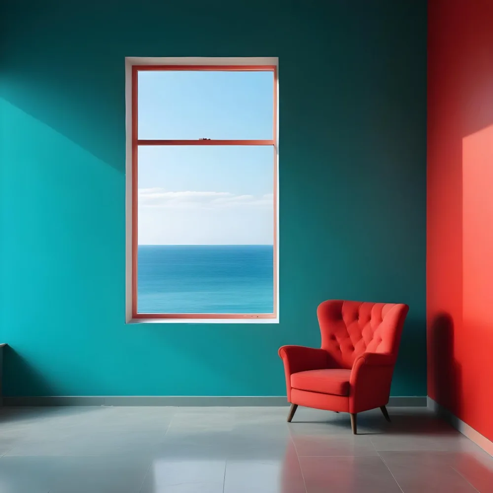A Red Armchair Near A Window With Sea View The Wall Is Turquoise And Red The Floor Is Gray Minimalist Style Bright Colors High Contrast Clean Lines 2 55ec