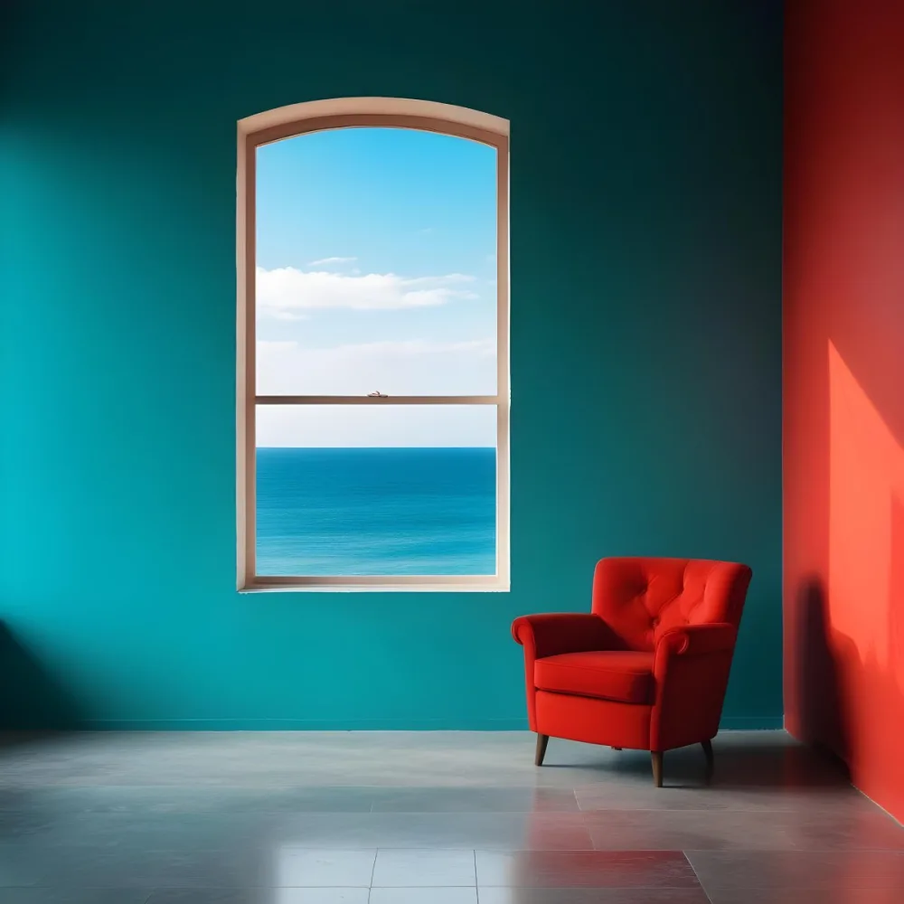 A Red Armchair Near A Window With Sea View The Wall Is Turquoise And Red The Floor Is Gray Minimalist Style Bright Colors High Contrast Clean Lines 20 C903