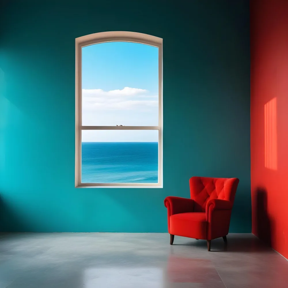 A Red Armchair Near A Window With Sea View The Wall Is Turquoise And Red The Floor Is Gray Minimalist Style Bright Colors High Contrast Clean Lines 21 89d4