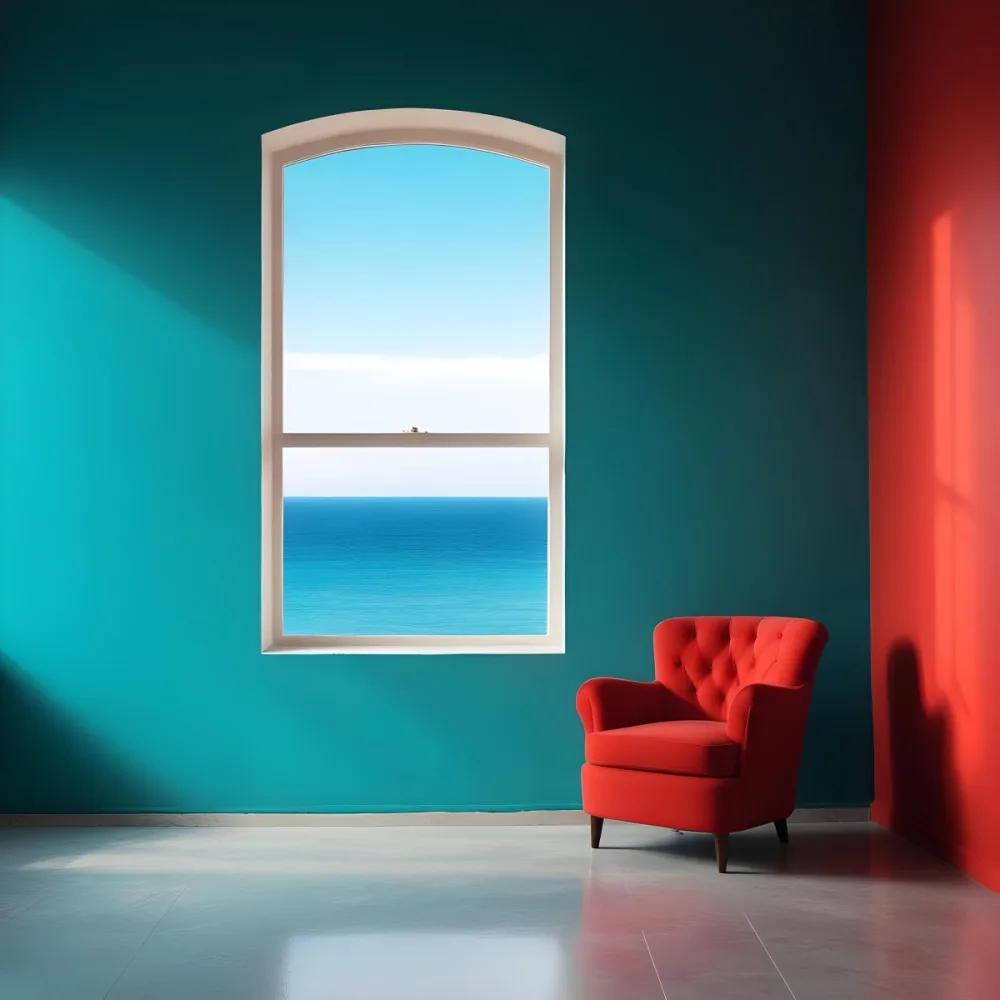 A Red Armchair Near A Window With Sea View The Wall Is Turquoise And Red The Floor Is Gray Minimalist Style Bright Colors High Contrast Clean Lines 23 69b2