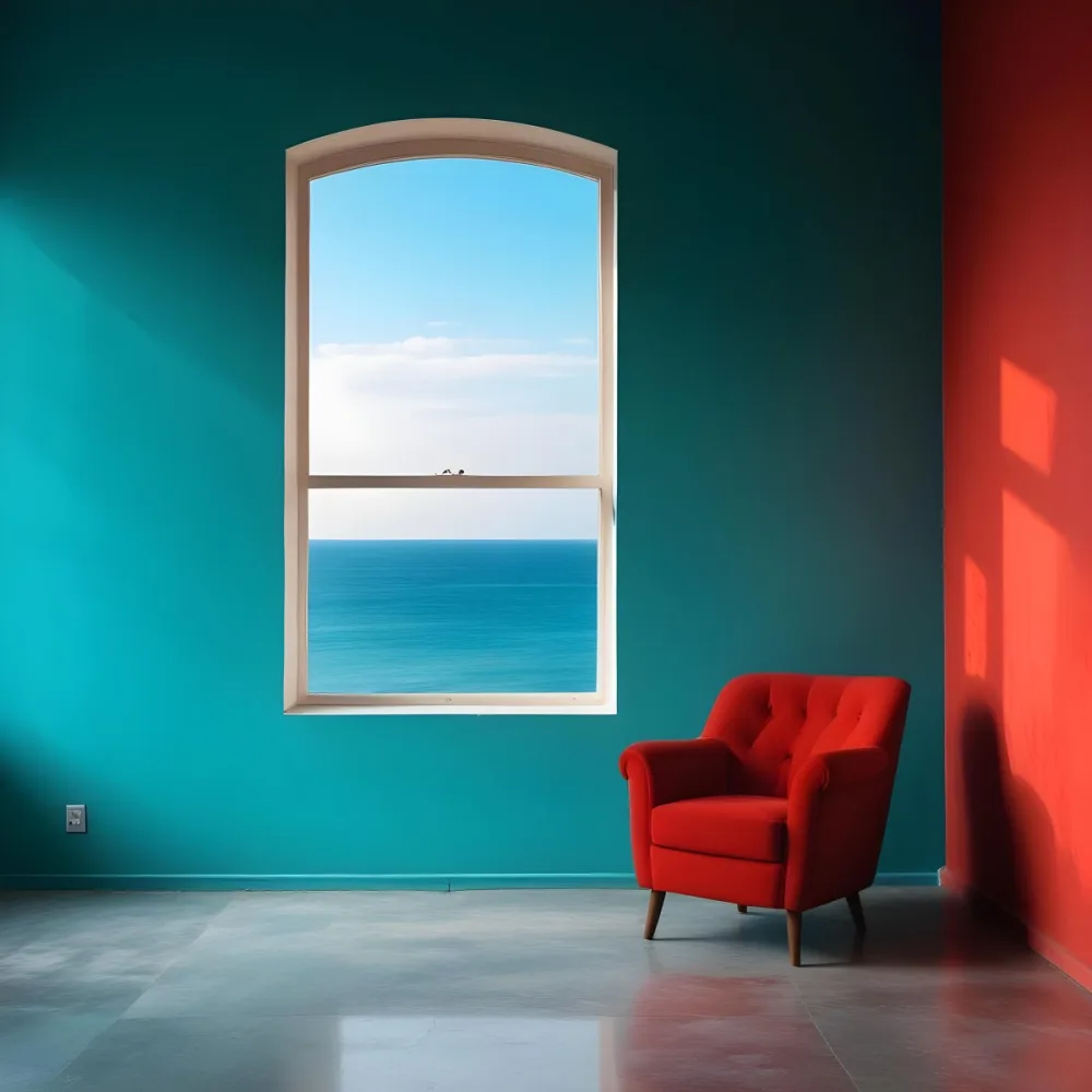 A Red Armchair Near A Window With Sea View The Wall Is Turquoise And Red The Floor Is Gray Minimalist Style Bright Colors High Contrast Clean Lines 24 817b