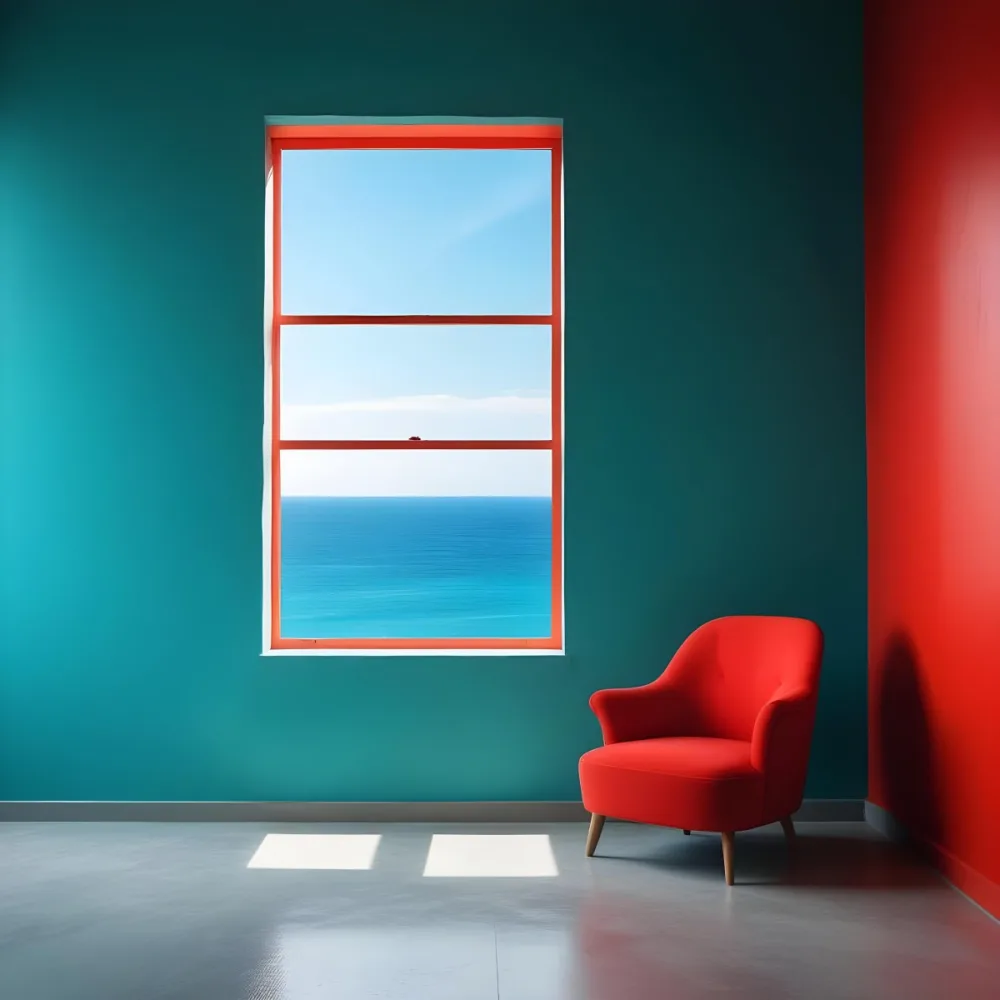 A Red Armchair Near A Window With Sea View The Wall Is Turquoise And Red The Floor Is Gray Minimalist Style Bright Colors High Contrast Clean Lines 4 7246